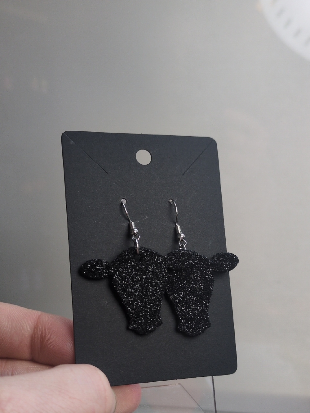 Black Glitter Cow Head Dangle Earrings